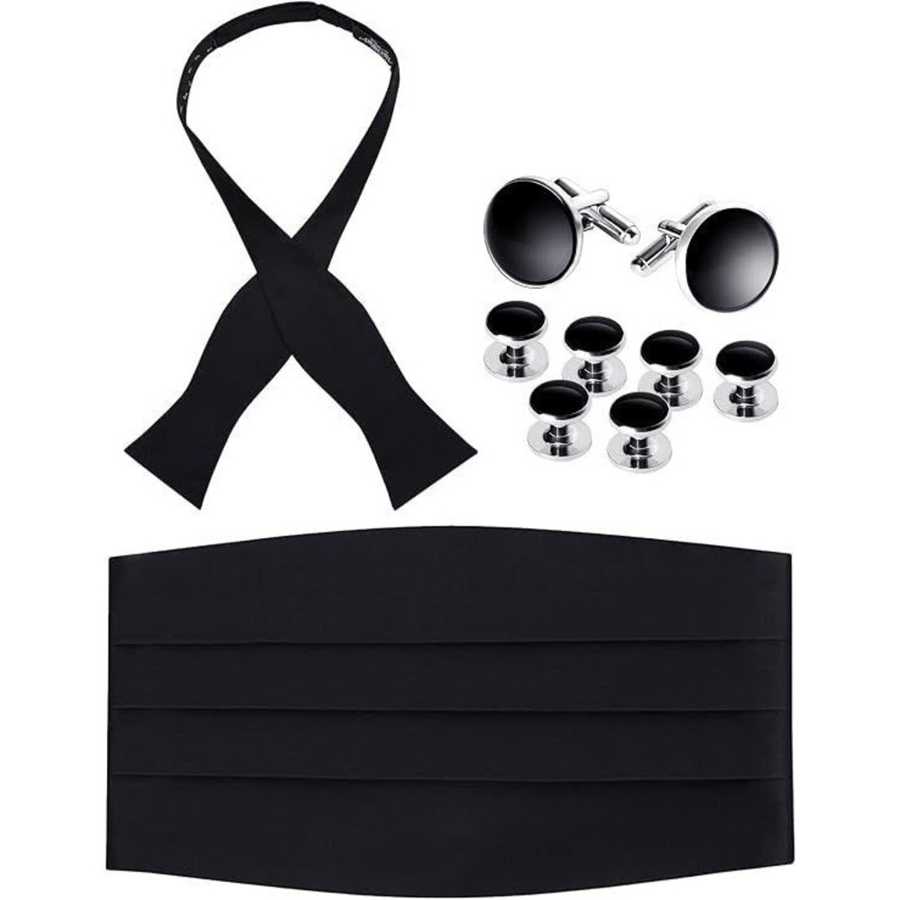 S.H. Churchill & Co Men's 100% Silk Bow Tie, Cummerbund, Cufflinks Set - Black